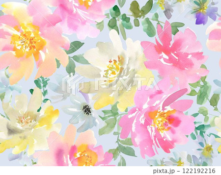 水彩で描いた抽象的なピンクと白の芍薬のシームレスパターン。水彩手描きの花柄。春のフローラルパターン。 122192216