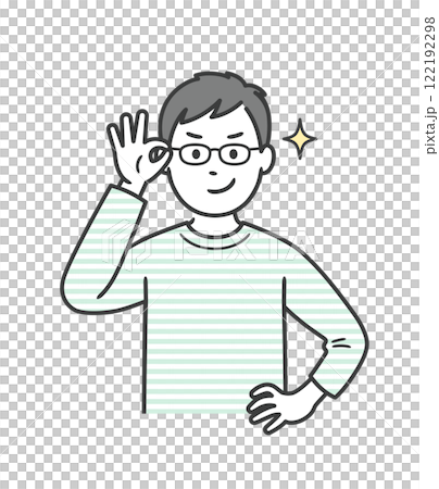 眼鏡を上げてニヤリと笑い自信を見せる若い男性 眼鏡を上げてニヤリと笑い自信を見せる若い男性 122192298