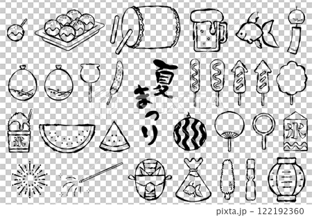 Summer festival icon vector illustration set Line drawing Monochrome Black and white Brush writing Japan 122192360