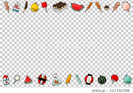 夏まつりモチーフのフレームベクターイラスト 夏祭り 枠 コピースペース 水彩画 白バック  122192386