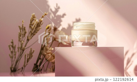 Cosmetic cream in a glass jar on a pink backdrop. Skin care concept. Background for beauty products 122192614