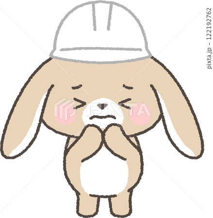 怖がっている白いヘルメットを被ったたれみみうさぎのイラスト素材