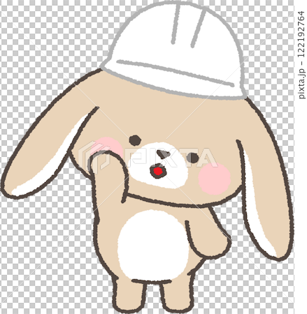 一隻戴著白色頭盔的垂耳兔子歪著頭 一隻戴著白色頭盔的垂耳兔子歪著頭 122192764