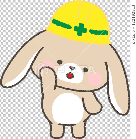 A droopy-eared rabbit wearing a helmet tilting its head 122192913