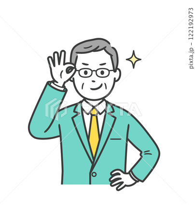 眼鏡を上げてニヤリと笑い自信を見せる高齢男性ビジネスマン 眼鏡を上げてニヤリと笑い自信を見せる高齢男性ビジネスマン 122192973
