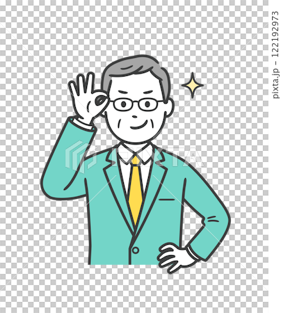 An elderly male businessman who pushes up his glasses and smiles with confidence An elderly male businessman who pushes up his glasses and smiles with confidence 122192973