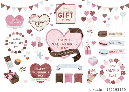 バレンタインの水彩フレーム イラストセット、枠、ハートのフレーム 122193150