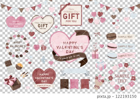バレンタインの水彩フレーム イラストセット、枠、ハートのフレーム 122193150