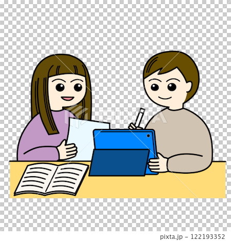 Boys and girls summarizing lessons using tablets Boys and girls summarizing lessons using tablets 122193352