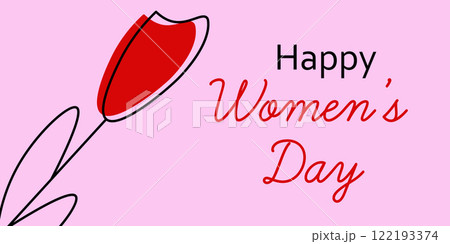 Happy Women's Day Greeting Card with Red Flower Illustration. Celebratory design for Women's Day featuring a red flower and handwritten text on a pink background, symbolizing appreciation 122193374