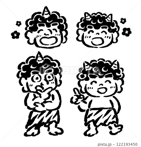 指差しポーズで説明する鬼と感心して聞く鬼 筆タッチ手描きイラスト線画セット 指差しポーズで説明する鬼と感心して聞く鬼 筆タッチ手描きイラスト線画セット 122193450
