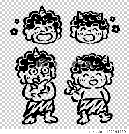 指差しポーズで説明する鬼と感心して聞く鬼 筆タッチ手描きイラスト線画セット 指差しポーズで説明する鬼と感心して聞く鬼 筆タッチ手描きイラスト線画セット 122193450