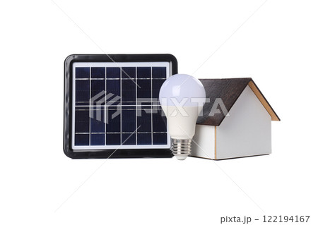 PNG,Portable solar panel with light bulb and wooden house, isolated on white background 122194167