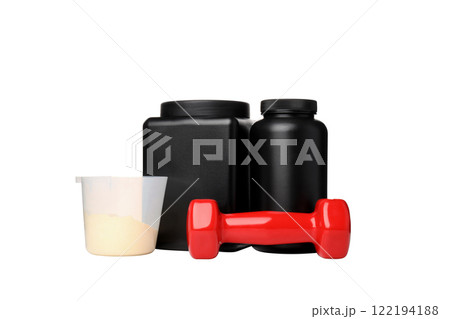 PNG, Two black jars, measuring cup with powder and dumbbell, isolated on white background 122194188