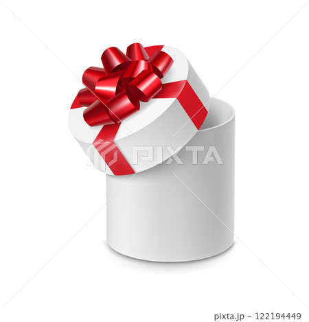 Cylinder cardboard box with red ribbon bow 122194449