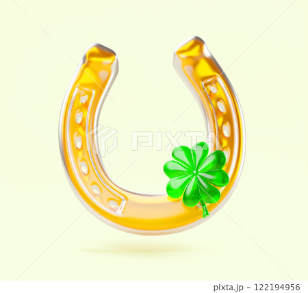 3d glass golden horseshoe with clover leaves render icon. St Patrick Day realistic crystal transparent good luck symbol with green four lucky leaf trefoils, isolated design element. 3D illustration 3d glass golden horseshoe with clover leaves render icon. St Patrick Day realistic crystal transparent good luck symbol with green four lucky leaf trefoils, isolated design element. 3D illustration 122194956