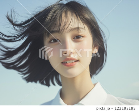 女子高生の笑顔　風になびく髪 122195195
