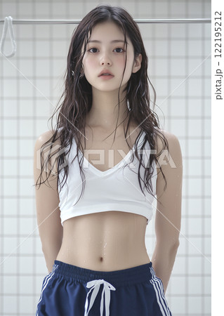 白いタイル張りの部屋でずぶ濡れになった女性 122195212