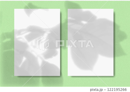 2 vertical sheets of textured white paper on grey table background. Mock up with an overlay of plant shadows. 122195266