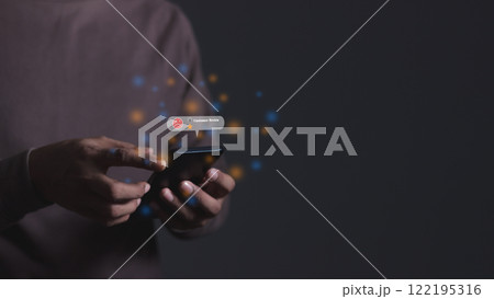Young man hand holding smartphone to review and gives 1 star, with poor service results, Bad review Young man hand holding smartphone to review and gives 1 star, with poor service results, Bad review 122195316