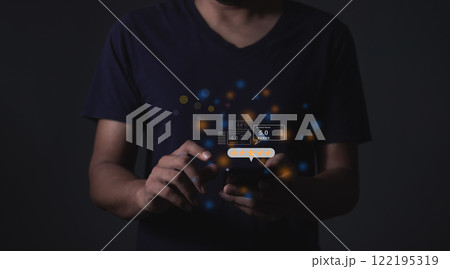 Young Man hand using smartphone mobile with five star to review and give 5 stars  122195319