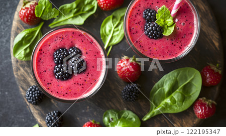 Fresh smoothie with mixed berries spinach and yogurt 122195347