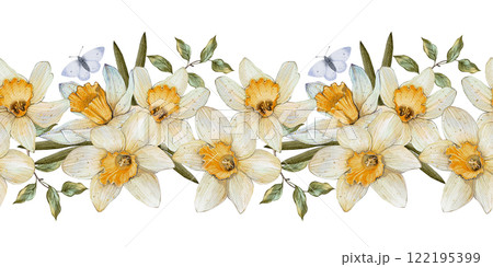 Seamless Border with Daffodils and Butterflies in Watercolor Style Seamless Border with Daffodils and Butterflies in Watercolor Style 122195399