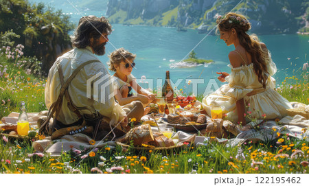 Romantic family picnic by alpine lake 122195462
