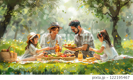 Parents and children bonding at a countryside picnic 122195467