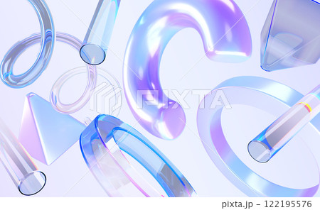 Abstract 3d background with flying glass transparent geometric shapes in motion render. Dynamic metal figures with iridescent light holographic gradient spiral, circle, tube, pyramid. 3D illustration 122195576