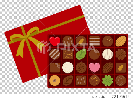 矩形紅色盒子和蓋子中巧克力的圖像插圖 122195615