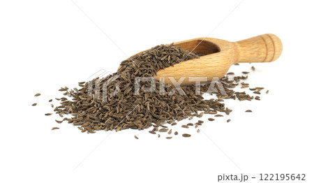 Wooden Scoop Overflowing with Caraway Seeds Wooden Scoop Overflowing with Caraway Seeds 122195642