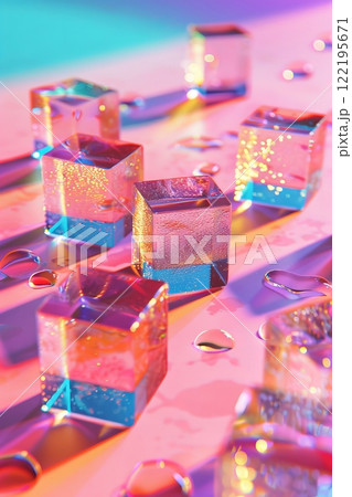 Abstract Geometric Moreyx Cubes with Water Drops in Multicolored Lighting 122195671