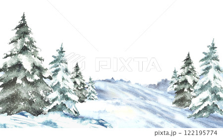 Winter Landscape with snow covered green spruces firs. Snowy Hills, snowdrifts and frosty evergreen forest. Hand drawn watercolor illustration isolated from the background. Clipart for holiday card.  122195774