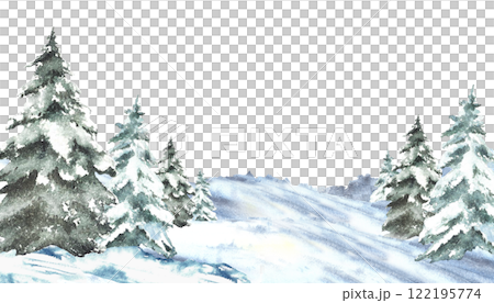 Winter Landscape with snow covered green spruces firs. Snowy Hills, snowdrifts and frosty evergreen forest. Hand drawn watercolor illustration isolated from the background. Clipart for holiday card.  122195774