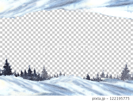 Watercolor Winter Landscape panorama banner. Snowy Hills, Pine, fir trees and frosty evergreen forest silhouette. Hand drawn watercolor illustration isolated from background clipart template for card. 122195775