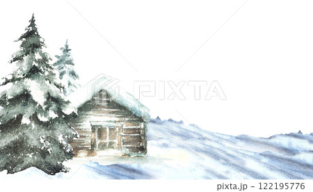 Winter snow covered house with snowy pine tree. Landscape banner with wooden cabin, chalet surrounded by snowdrifts. Watercolor painted illustration isolated from background for holiday card template 122195776