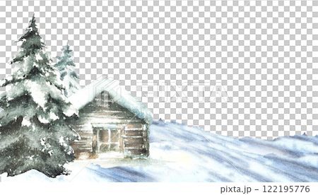 Winter snow covered house with snowy pine tree. Landscape banner with wooden cabin, chalet surrounded by snowdrifts. Watercolor painted illustration isolated from background for holiday card template 122195776