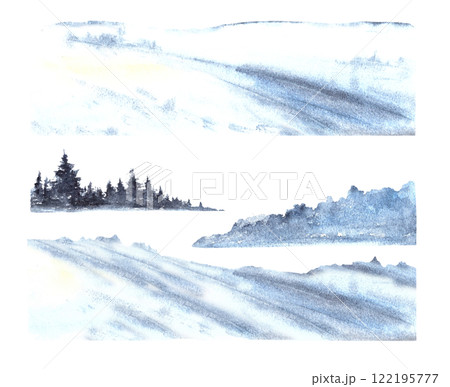 Winter Landscape elements set. Snowy Hills, Mountains, snowdrifts and frosty evergreen fir tree forest. Hand drawn watercolor illustration on Isolated background. Build your own landscape constructor 122195777