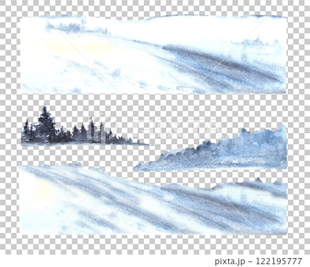 Winter Landscape elements set. Snowy Hills, Mountains, snowdrifts and frosty evergreen fir tree forest. Hand drawn watercolor illustration on Isolated background. Build your own landscape constructor 122195777