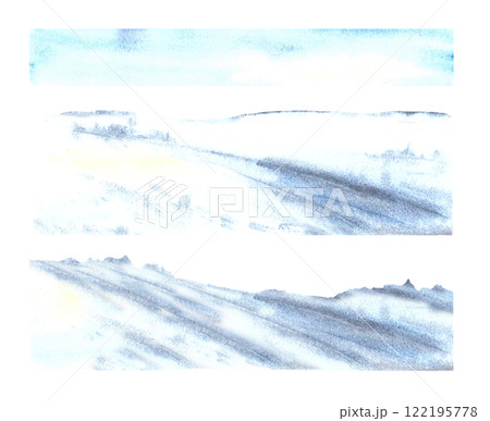 Winter Landscape elements set. Snowy Hills, ice Mountains, snowdrifts and blue sky. Hand drawn watercolor illustration on Isolated white background. Build your own icy snow landscape. Constructor kit 122195778