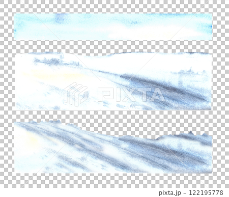 Winter Landscape elements set. Snowy Hills, ice Mountains, snowdrifts and blue sky. Hand drawn watercolor illustration on Isolated white background. Build your own icy snow landscape. Constructor kit 122195778