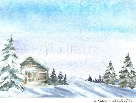 Winter landscape with snow covered house snowy pine tree and blue sky banner. Wooden cabin, chalet surrounded by snowdrifts. Watercolor painted illustration isolated from background for holiday card. 122195779