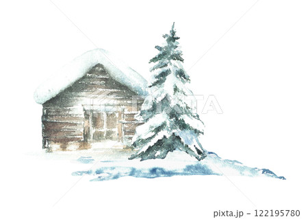 Winter cabin with snowy pine tree Landscape with rustic wooden house, winter chalet a snow covered roof. Watercolor hand drawn illustration isolated from background for holiday, Christmas card, poster 122195780
