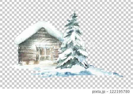 Winter cabin with snowy pine tree Landscape with rustic wooden house, winter chalet a snow covered roof. Watercolor hand drawn illustration isolated from background for holiday, Christmas card, poster 122195780