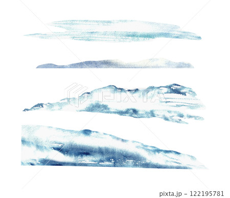 Winter snow drifts and hills. Elements set of the frosty blue landscape. Hand drawn watercolor illustration on Isolated white background. Build your own winter snowy icy landscape. Constructor kit. 122195781
