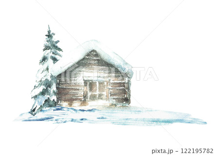Winter snow covered house with snowy pine tree. Landscape with rustic wooden cabin, winter chalet surrounded by snowdrifts. Watercolor hand drawn illustration isolated from background for holiday card 122195782