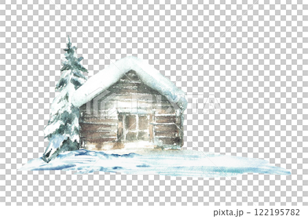 Winter snow covered house with snowy pine tree. Landscape with rustic wooden cabin, winter chalet surrounded by snowdrifts. Watercolor hand drawn illustration isolated from background for holiday card 122195782
