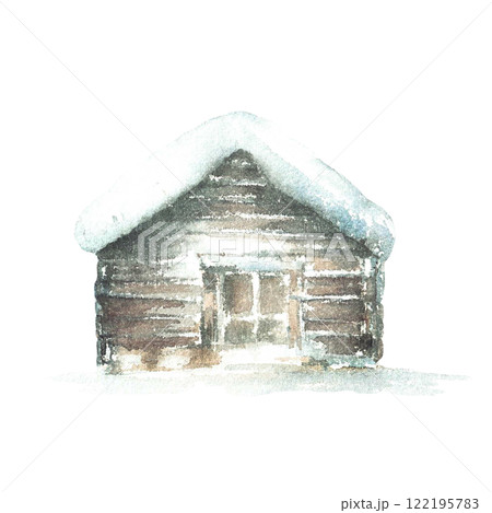 Winter cabin surrounded by snow. A cozy rustic wooden house under a snow covered roof. Watercolor hand painted illustration isolated from background for holiday designs, winter themes, and rural decor 122195783