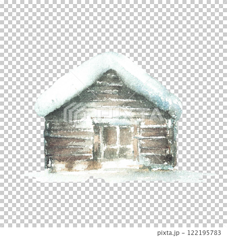Winter cabin surrounded by snow. A cozy rustic wooden house under a snow covered roof. Watercolor hand painted illustration isolated from background for holiday designs, winter themes, and rural decor 122195783